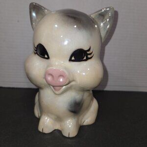Vintage Ceramic Grazed Gray Pig Planter Pink Nose and Long Eyelashes 7.25"